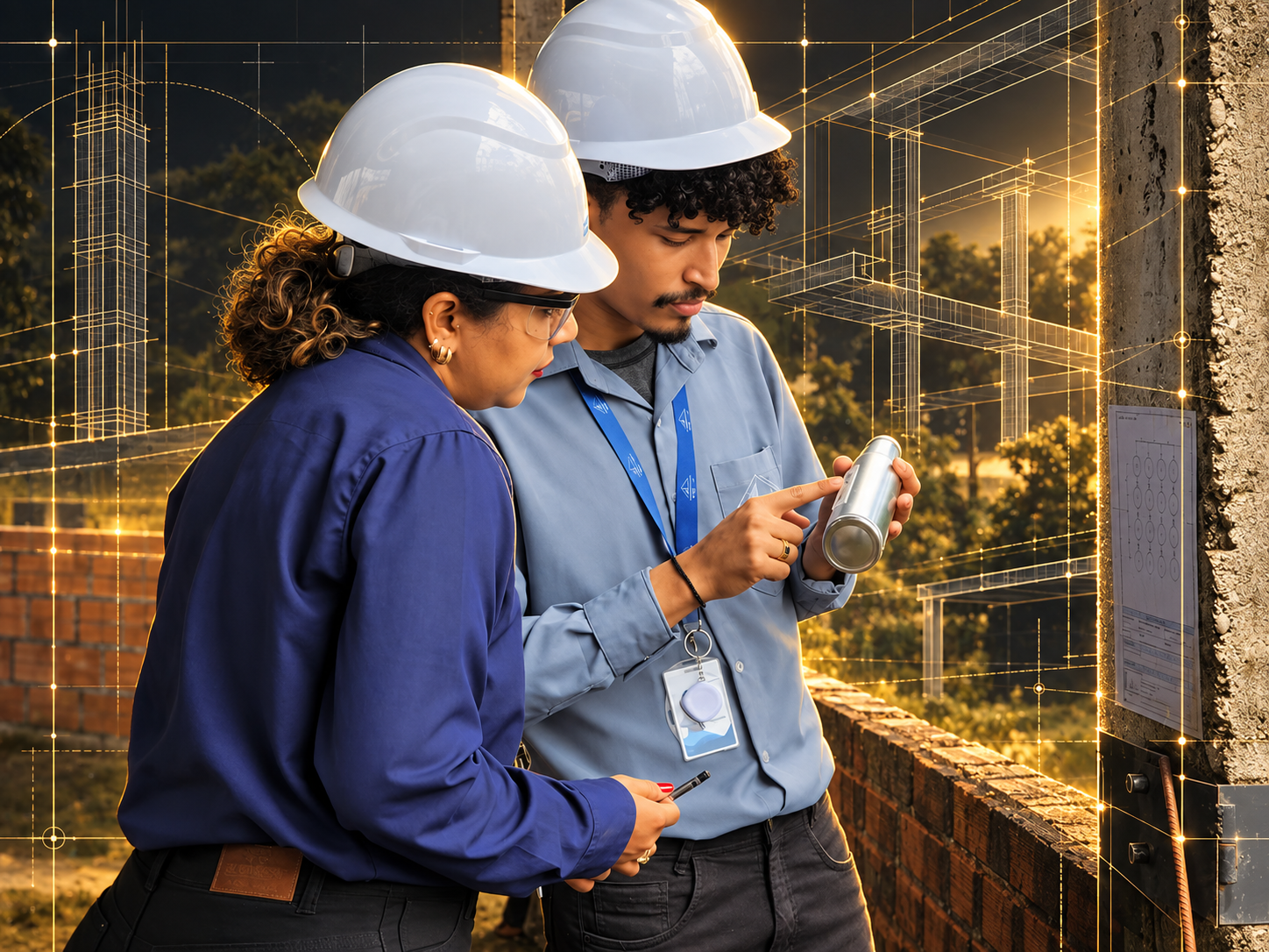 Profissionais de engenharia com capacetes realizando uma inspeção técnica na obra